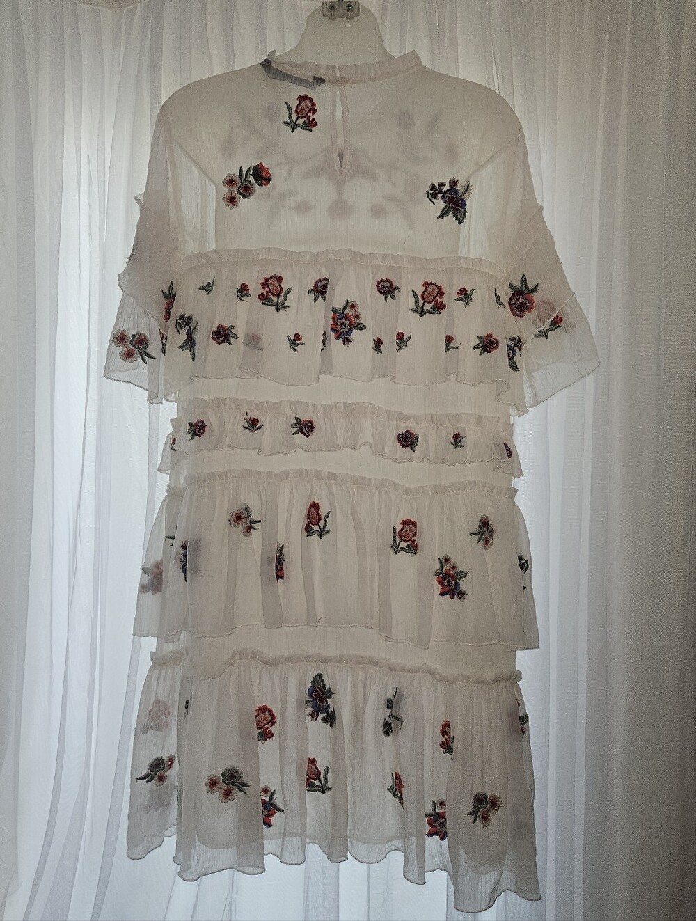 ZARA Boho Embroidered Floral Ruffle White Mini Dress - Picture 7 of 16